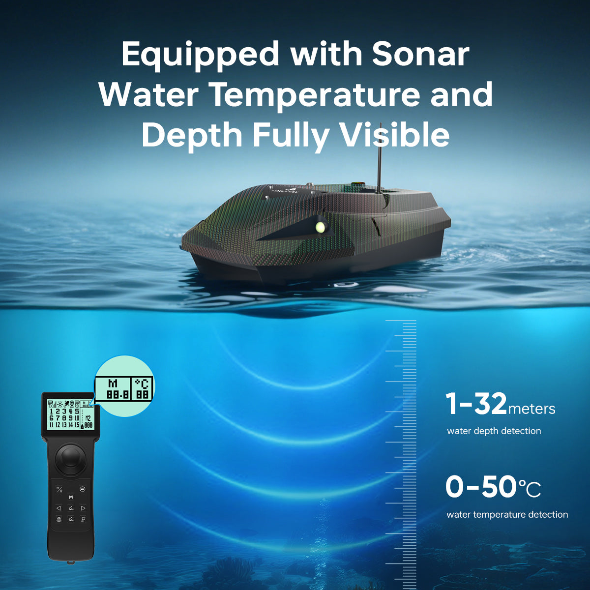 LOKEEVAN D50E GPS bait boat with depth and temperature sensing feature overview