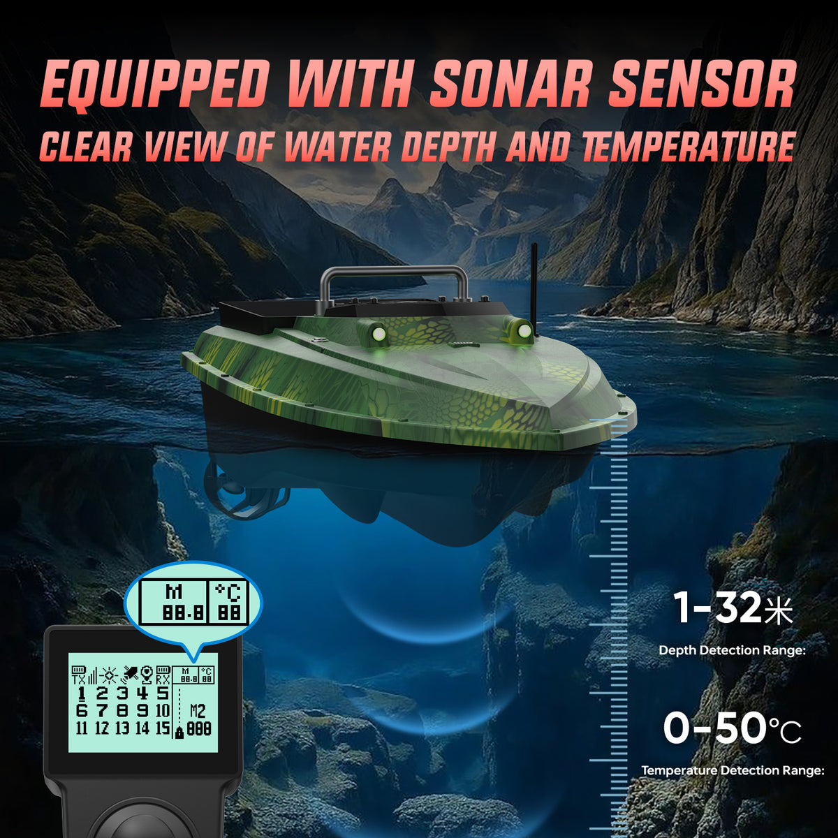 LOKEEVAN D80E high-speed GPS bait boat with depth and temperature sensing feature overview