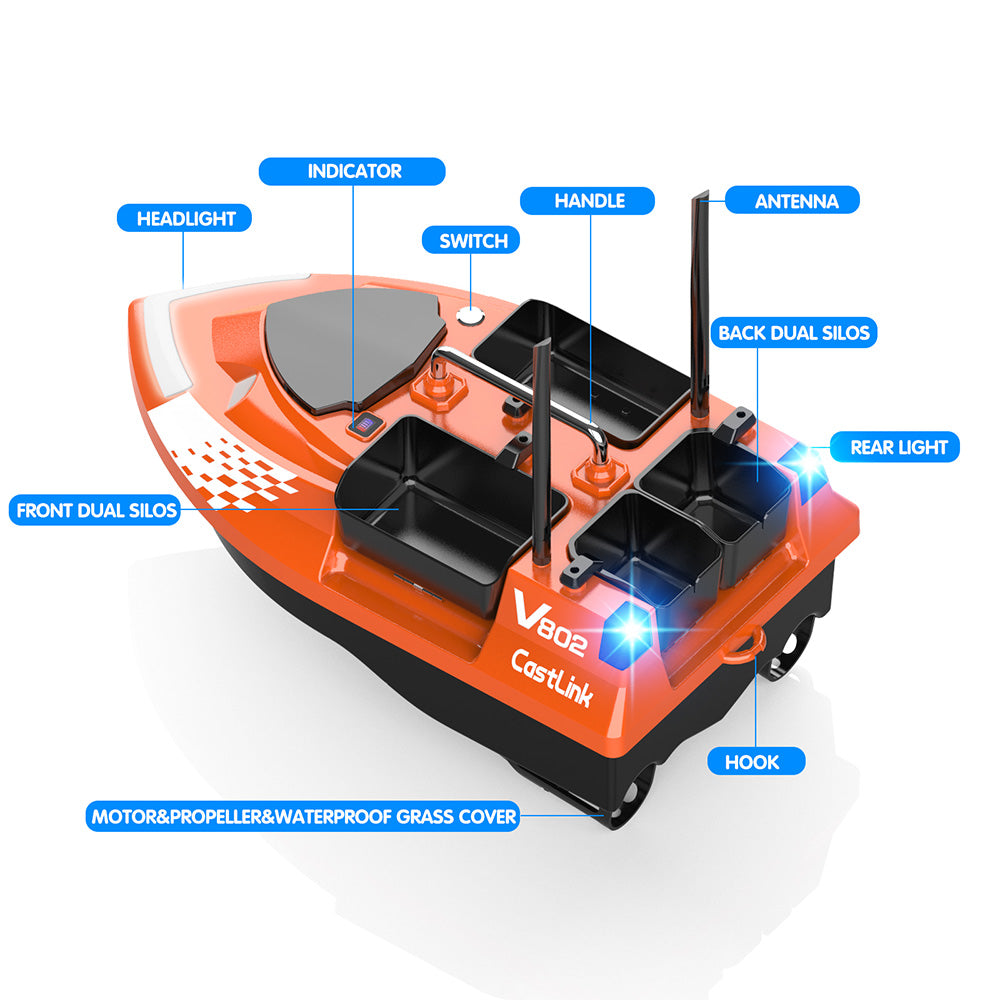 LOKEEVAN V802PRO Orange four-hopper remote bait boat feature overview