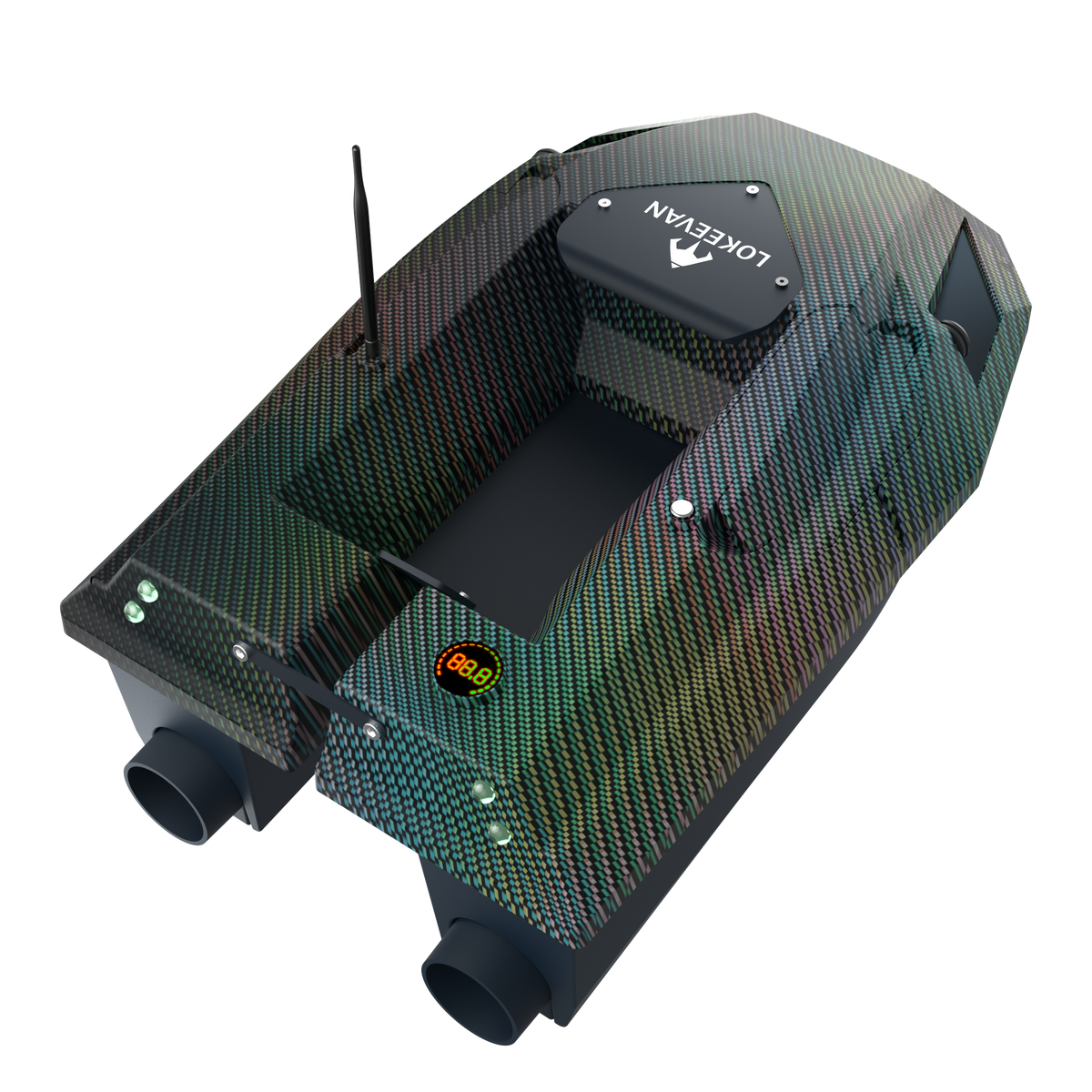 LOKEEVAN D50E Black Carbon GPS bait boat with depth and temperature sensing on white background