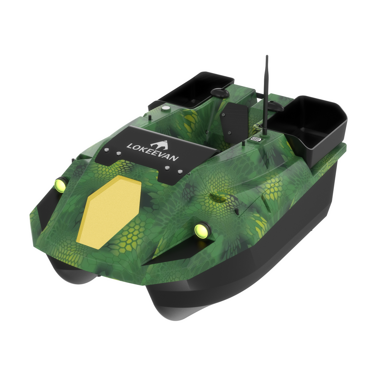 LOKEEVAN D70E Green Cobra multi-hopper GPS bait boat with depth and temperature sensing – hero three-quarter view