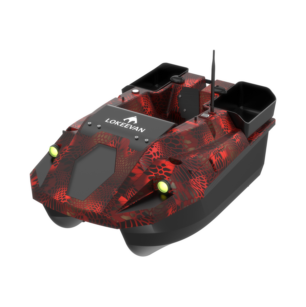 LOKEEVAN D70E Red Cobra multi-hopper GPS bait boat with depth and temperature sensing – hero three-quarter view