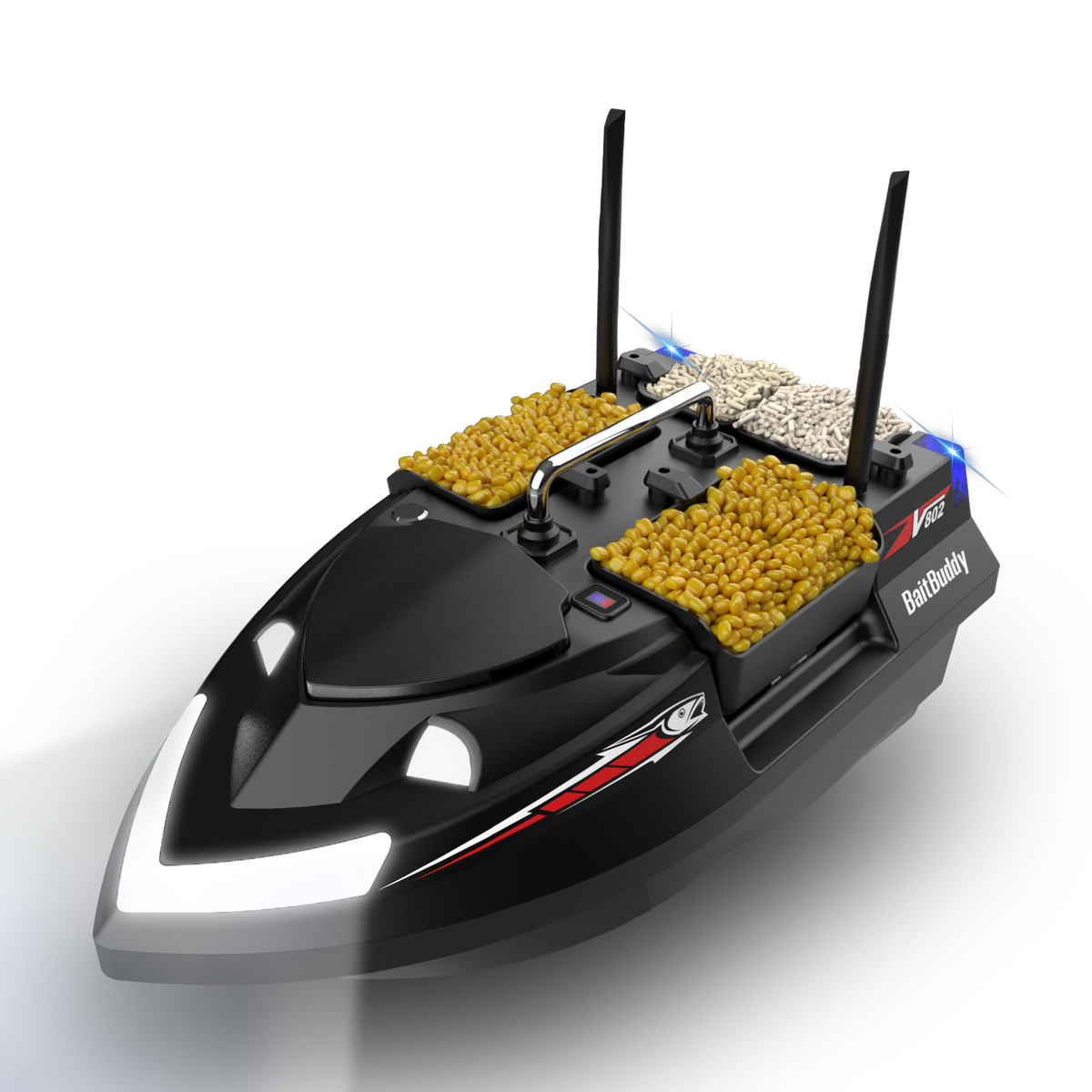 LOKEEVAN V802PRO Black four-hopper remote bait boat on white background