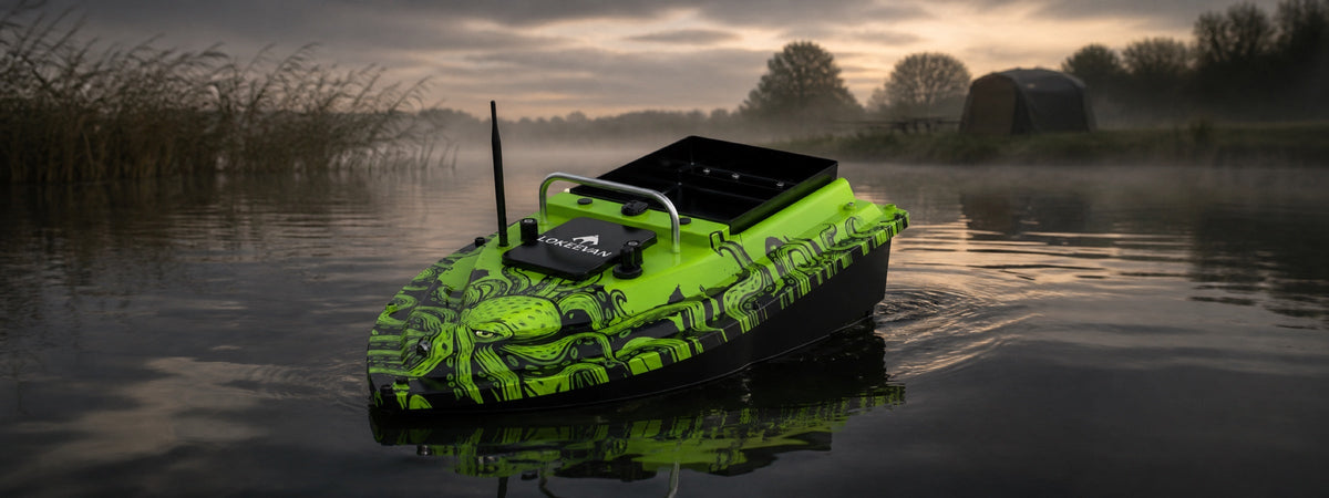 LOKEEVAN D32 Compact Series Futterboot auf einem nebligen europäischen Karpfensee