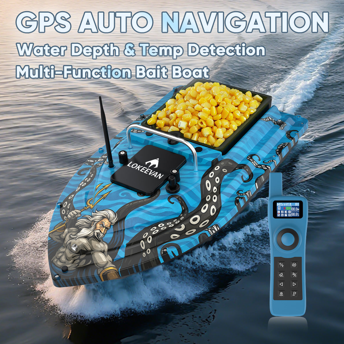 LOKEEVAN D32ED Poseidon Blue GPS bait boat with depth and temperature sensing feature overview