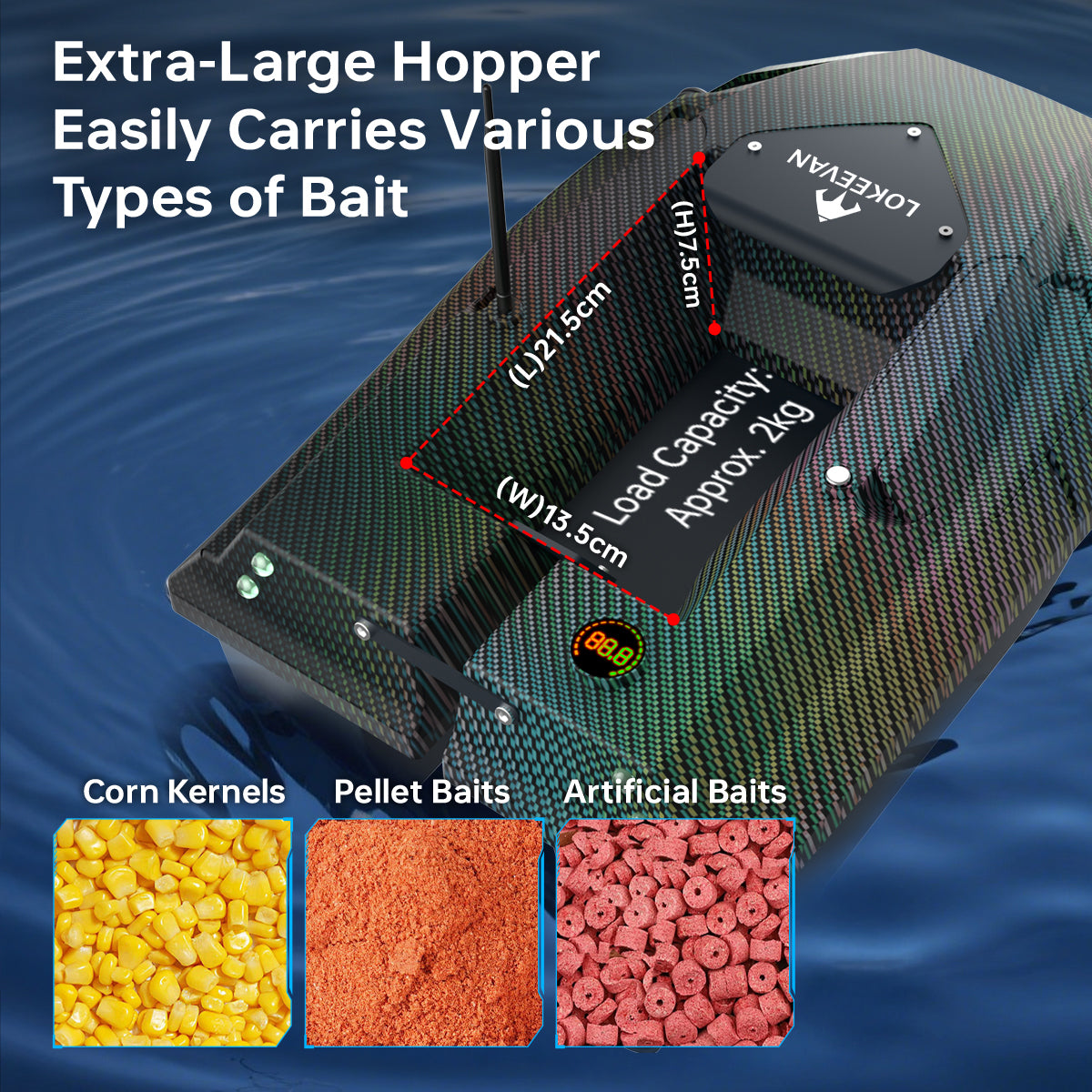 LOKEEVAN D50E GPS bait boat with depth and temperature sensing feature overview