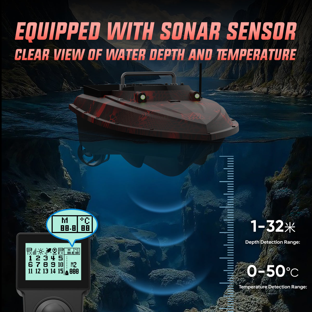 LOKEEVAN D80E high-speed GPS bait boat with depth and temperature sensing feature overview