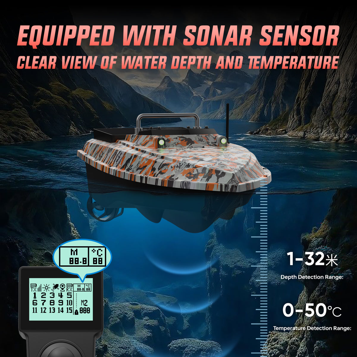 LOKEEVAN D80E high-speed GPS bait boat with depth and temperature sensing feature overview