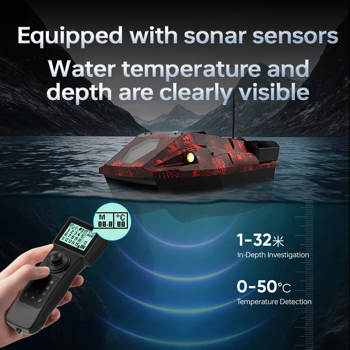 LOKEEVAN D70E multi-hopper GPS bait boat with depth and temperature sensing – feature image 3