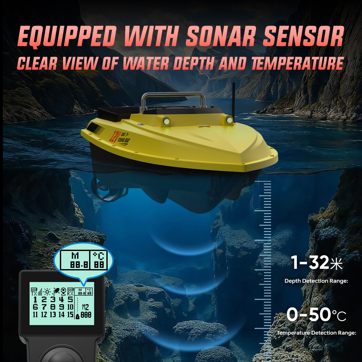 LOKEEVAN D80E high-speed GPS bait boat with depth and temperature sensing feature overview