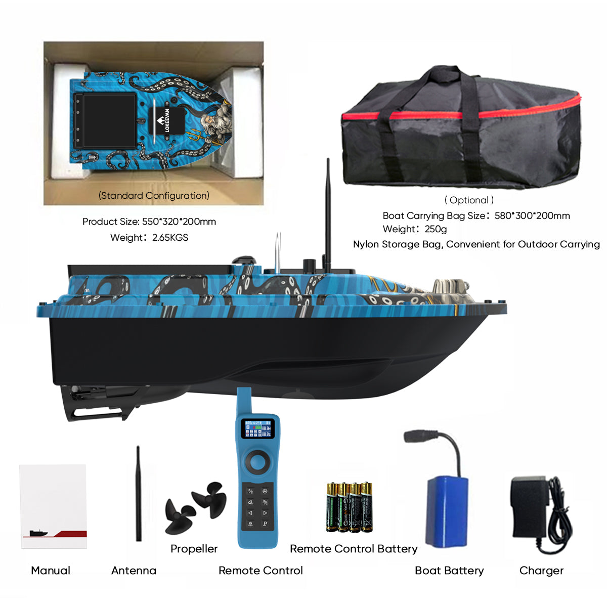 LOKEEVAN D32ED Poseidon Blue GPS bait boat with depth and temperature sensing feature overview