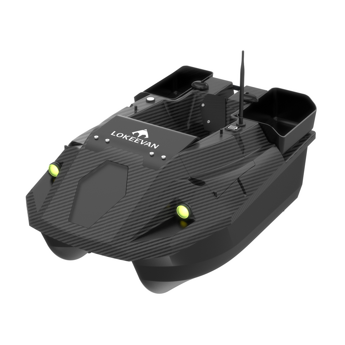 LOKEEVAN D70B Black Carbon multi-hopper GPS bait boat – hero three-quarter view