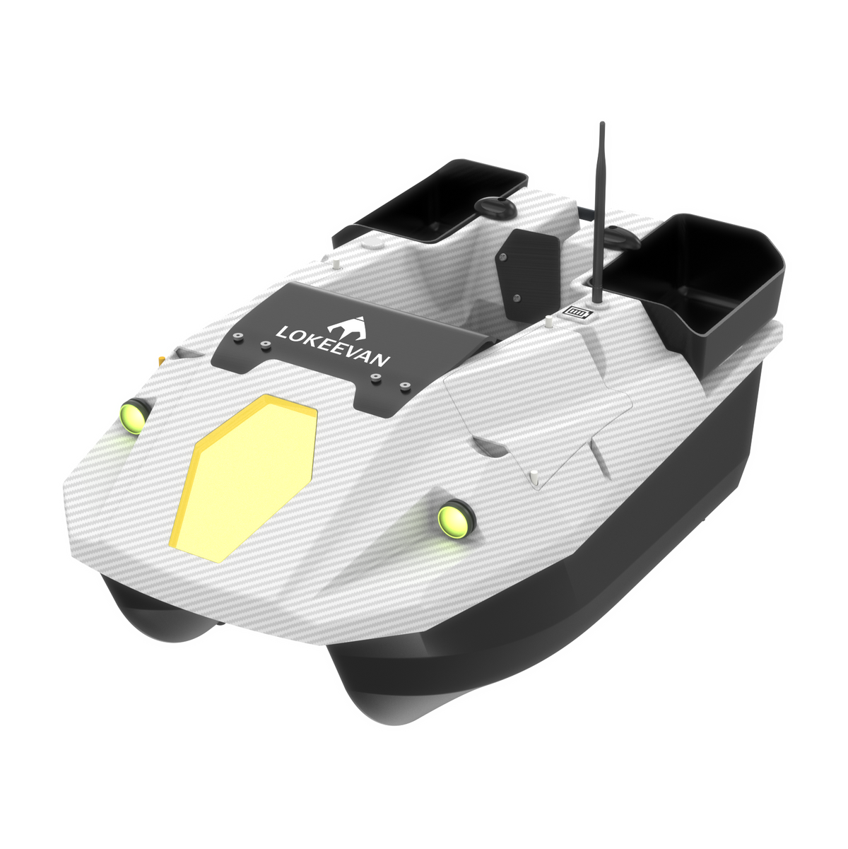 LOKEEVAN D70B White Carbon multi-hopper GPS bait boat – hero three-quarter view