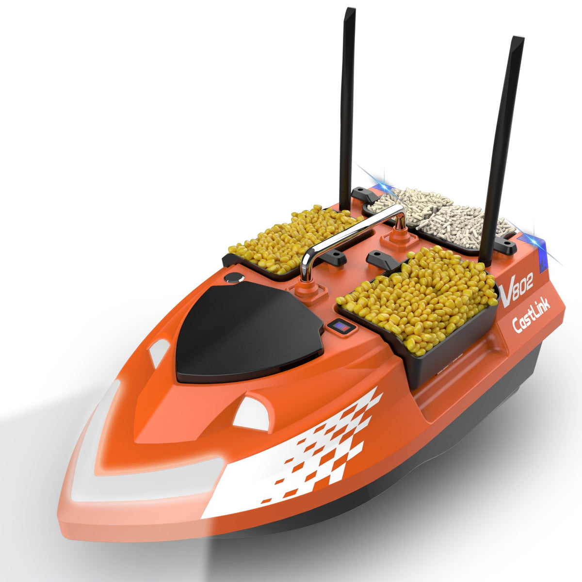LOKEEVAN V802PRO Orange four-hopper remote bait boat on white background