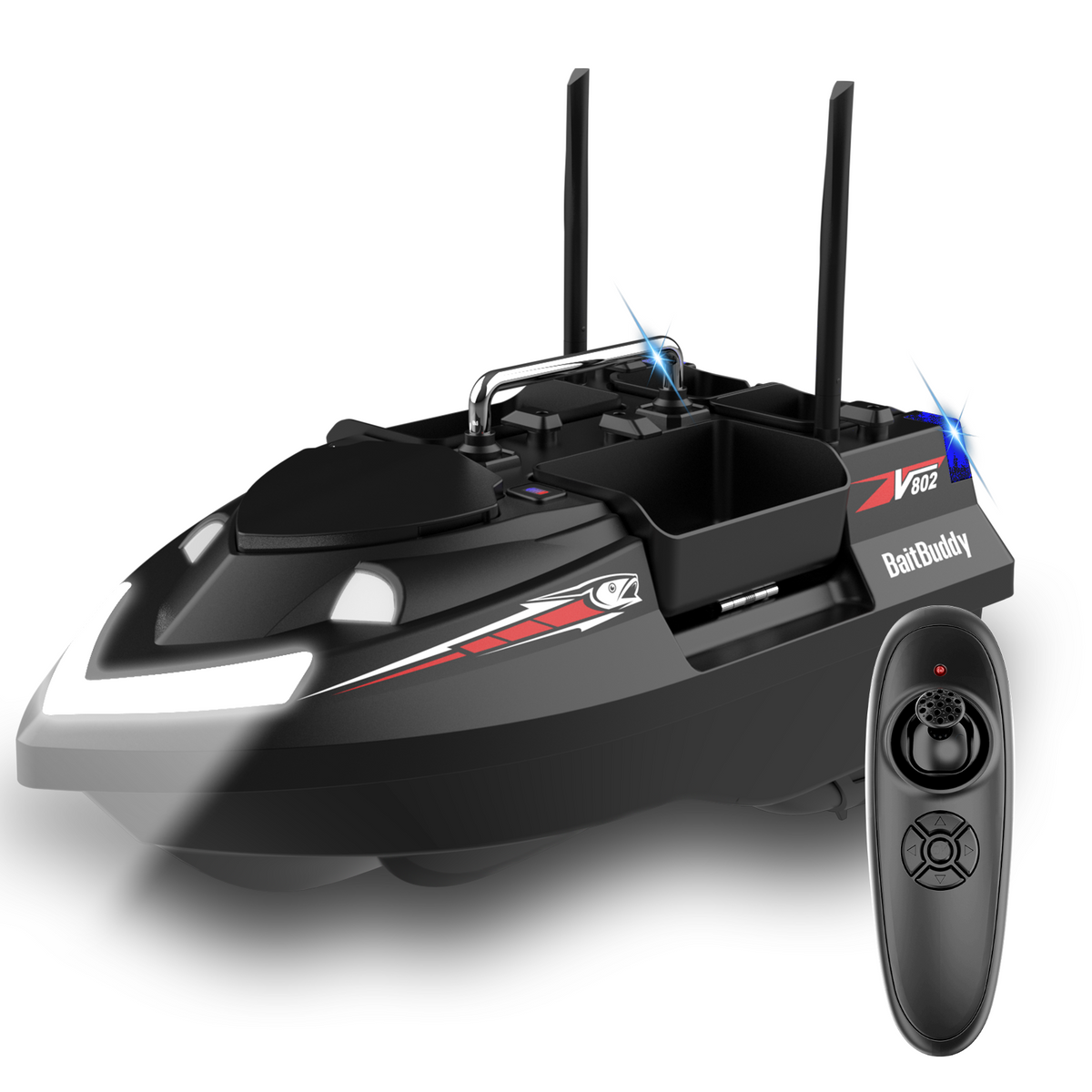LOKEEVAN V802PRO Black four-hopper remote bait boat on white background