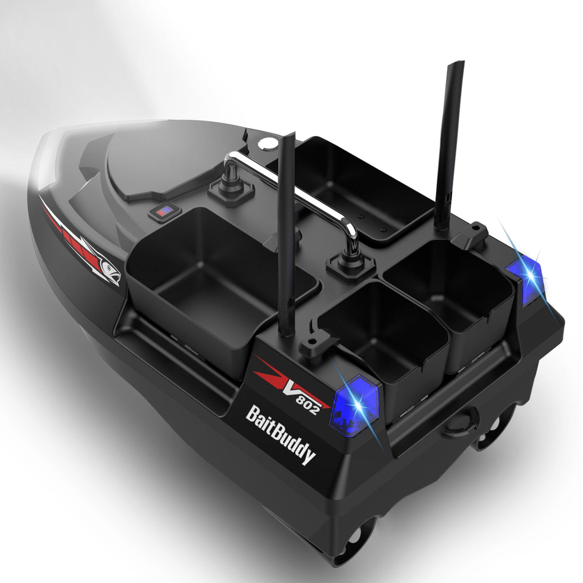 LOKEEVAN V802PRO Black four-hopper remote bait boat on white background
