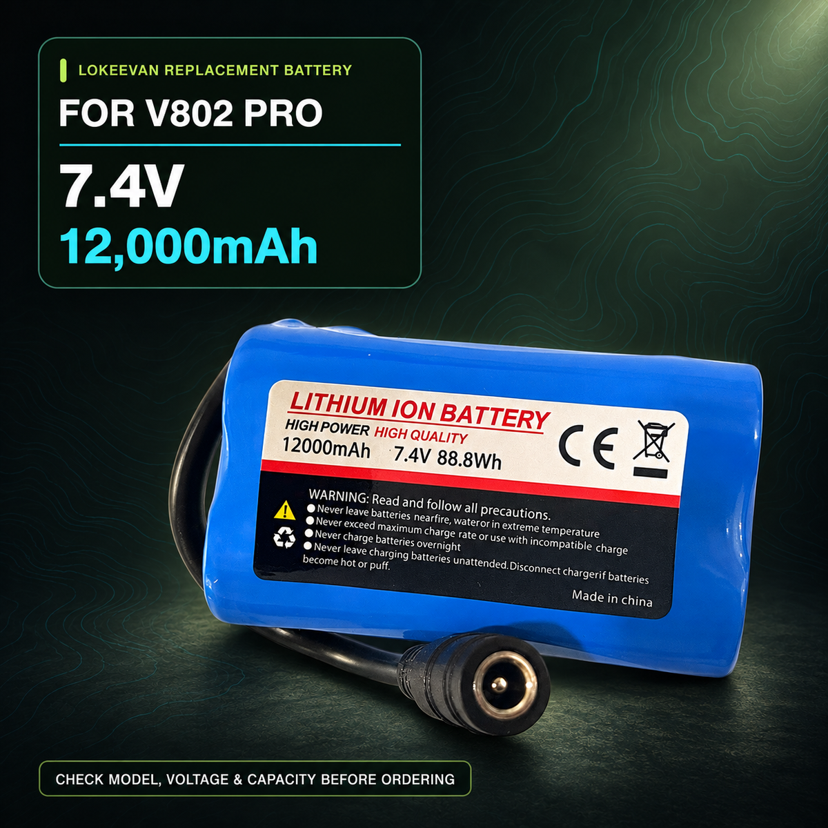 LOKEEVAN 7.4V 12,000mAh Ersatzakku für das V802 PRO Futterboot mit DC-Anschluss